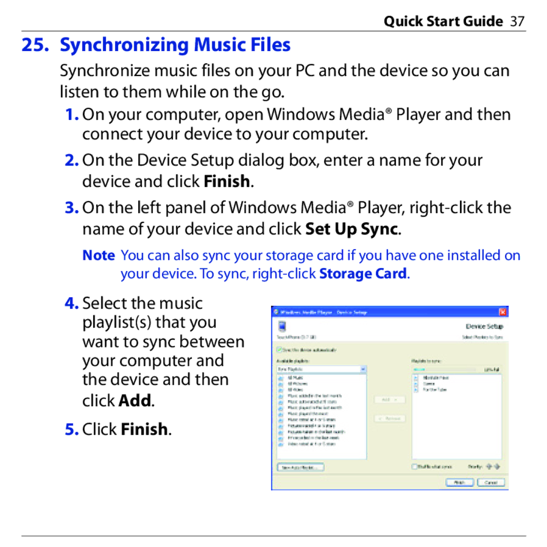 HTC PHAR160 quick start Synchronizing Music Files 