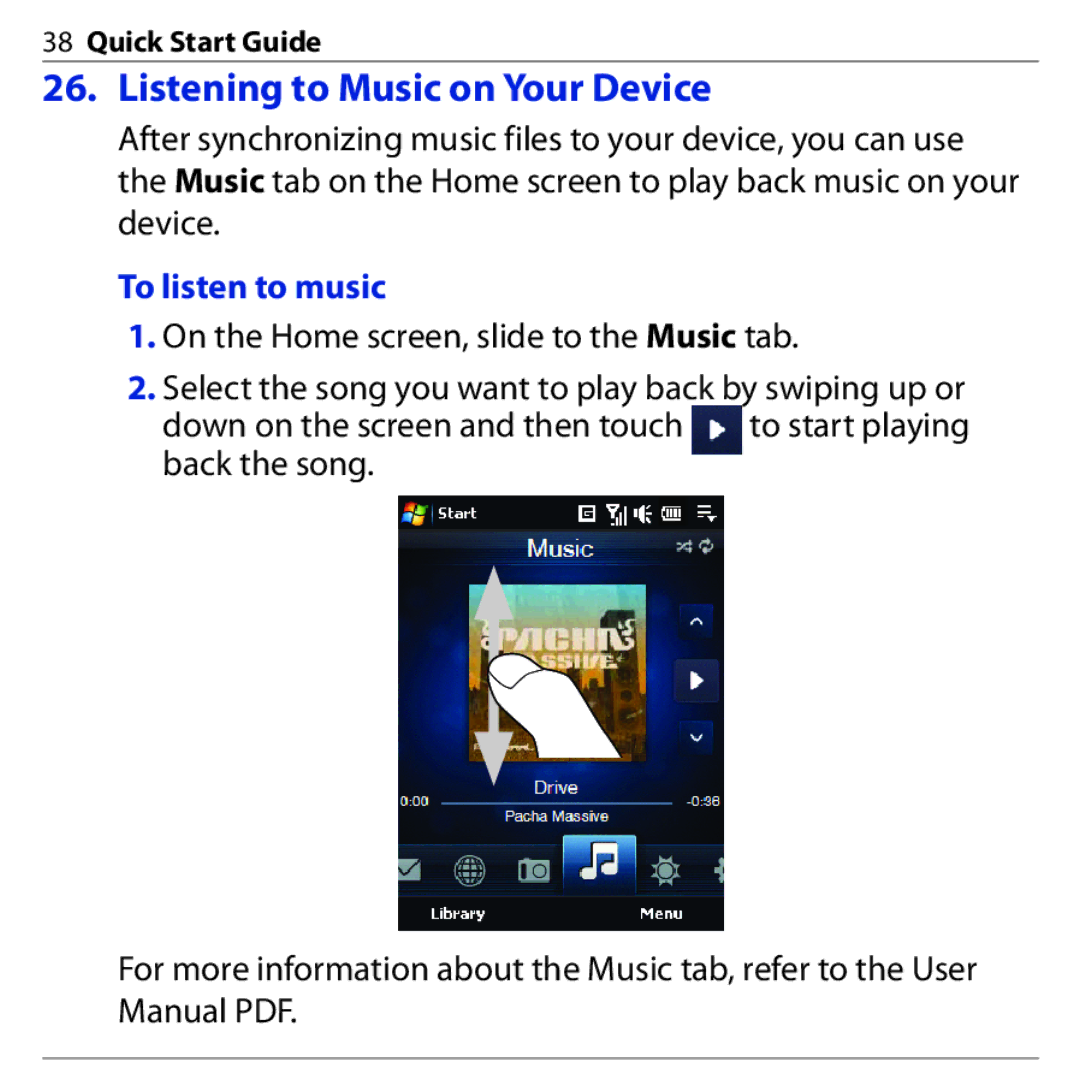 HTC PHAR160 quick start Listening to Music on Your Device, To listen to music 
