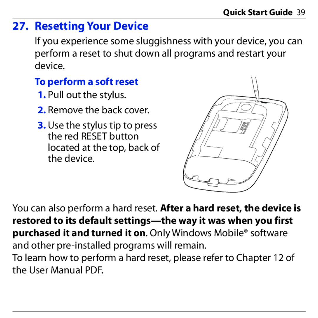 HTC PHAR160 quick start Resetting Your Device, To perform a soft reset 