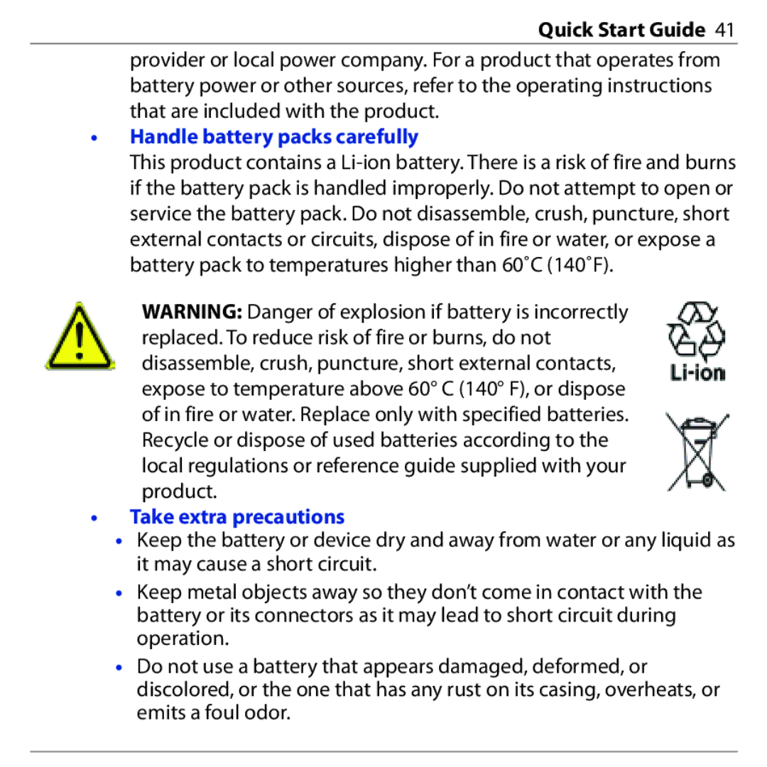 HTC PHAR160 quick start Handle battery packs carefully, Take extra precautions 