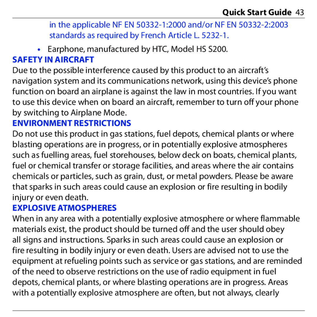 HTC PHAR160 quick start Safety in Aircraft 