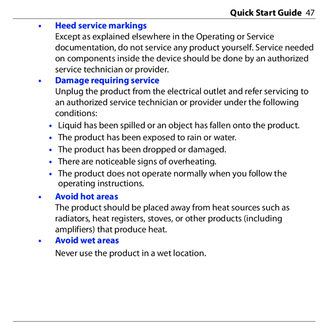 HTC PHAR160 quick start Heed service markings, Damage requiring service, Avoid hot areas, Avoid wet areas 