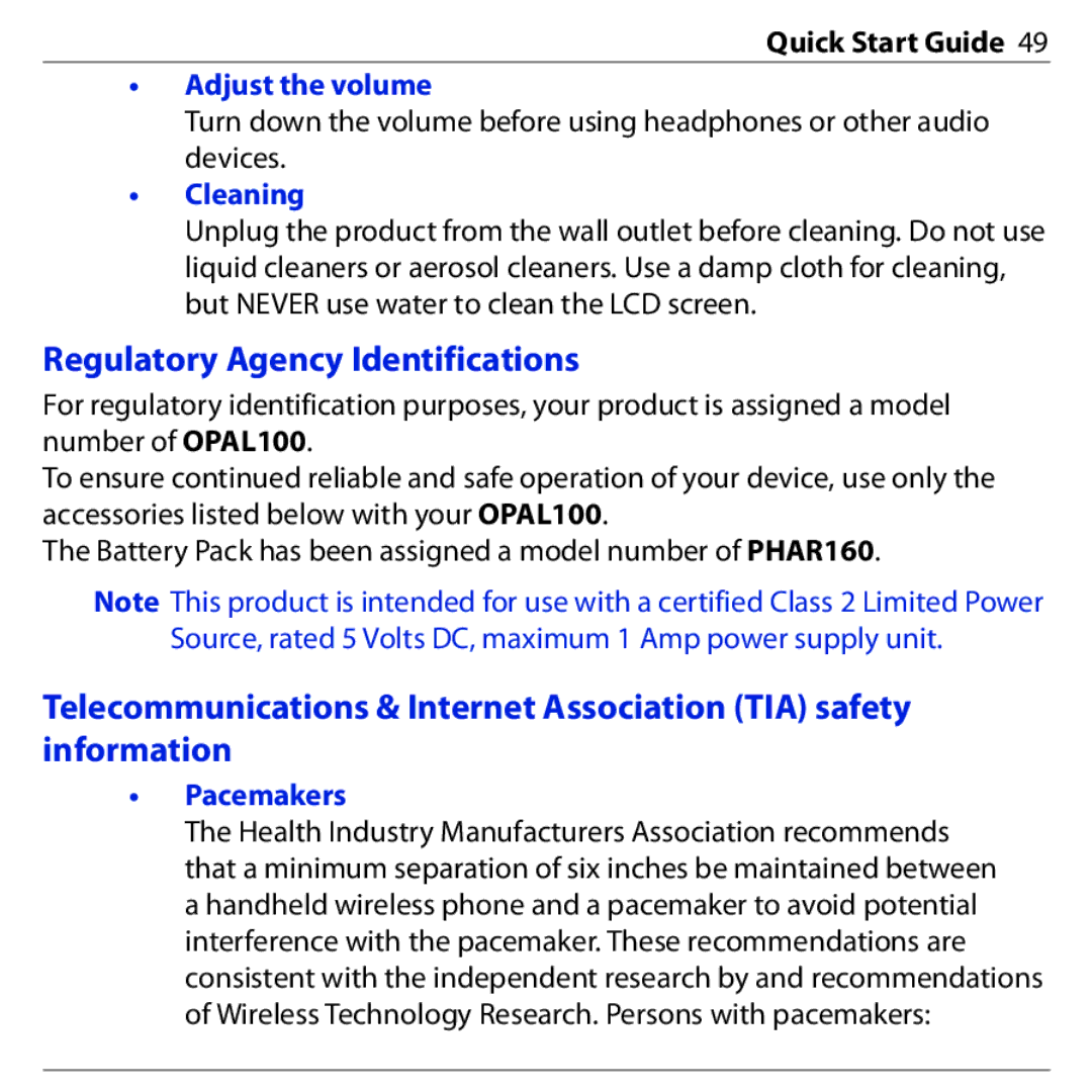 HTC PHAR160 quick start Regulatory Agency Identifications, Adjust the volume, Cleaning, Pacemakers 