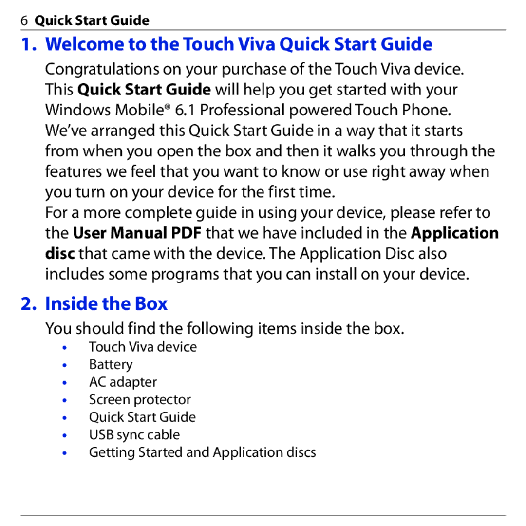 HTC PHAR160 quick start Welcome to the Touch Viva Quick Start Guide, Inside the Box 