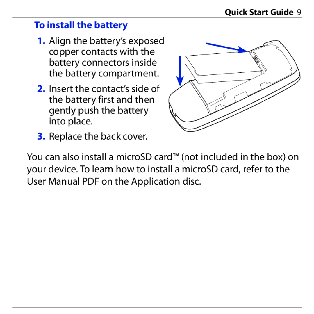 HTC PHAR160 quick start To install the battery 