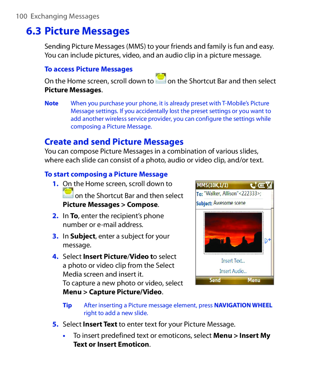 HTC PHOE100 user manual Create and send Picture Messages, To access Picture Messages, To start composing a Picture Message 