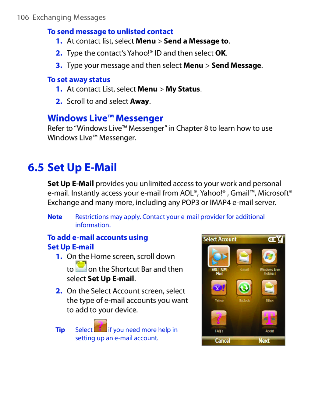 HTC PHOE100 user manual Set Up E-Mail, Windows Live Messenger, To add e-mail accounts using Set Up E-mail 