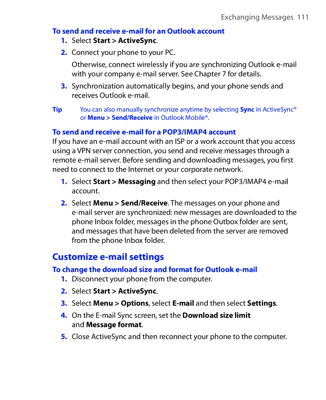 HTC PHOE100 Customize e-mail settings, To send and receive e-mail for an Outlook account, Select Start ActiveSync 