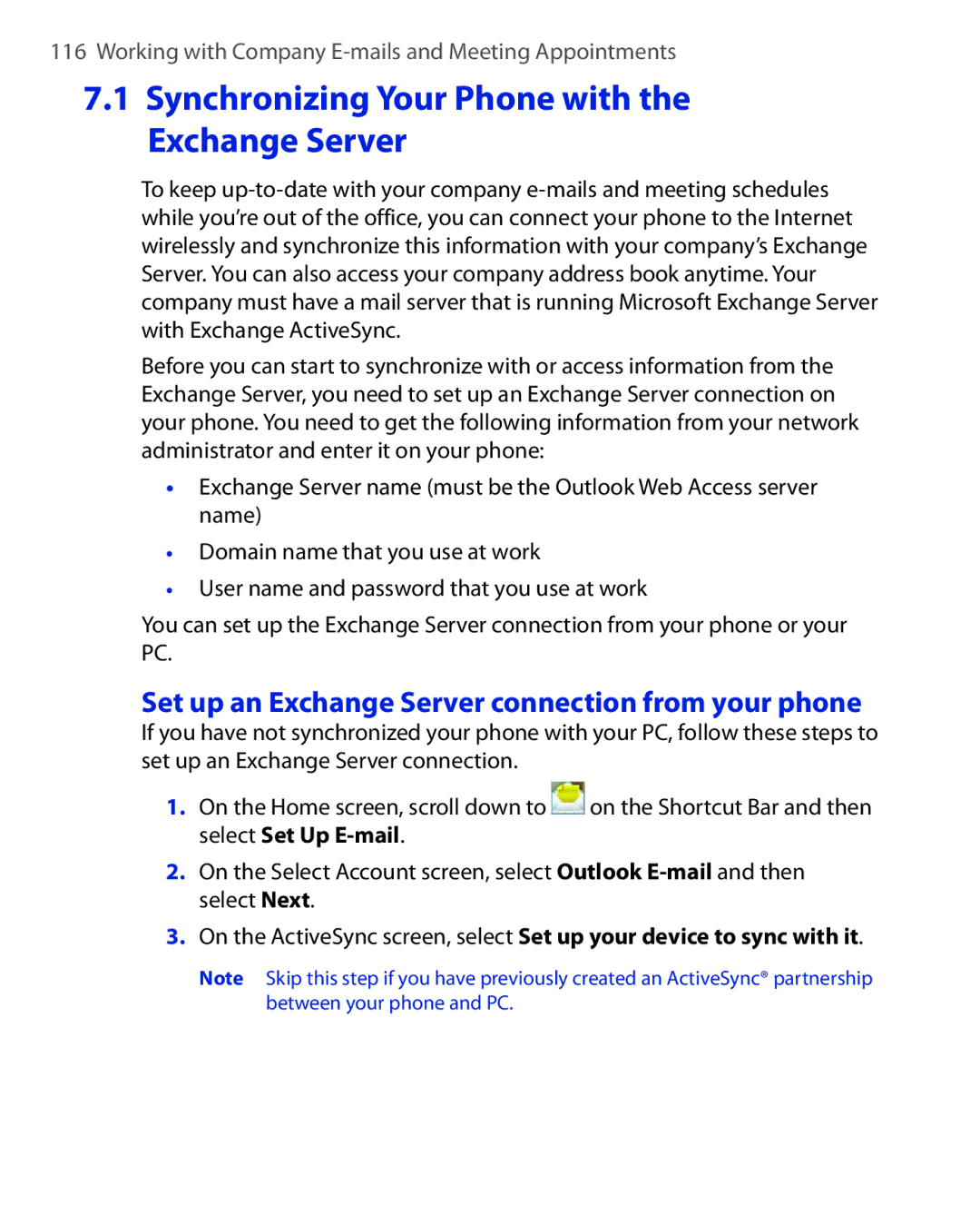 HTC PHOE100 Synchronizing Your Phone with the Exchange Server, Set up an Exchange Server connection from your phone 