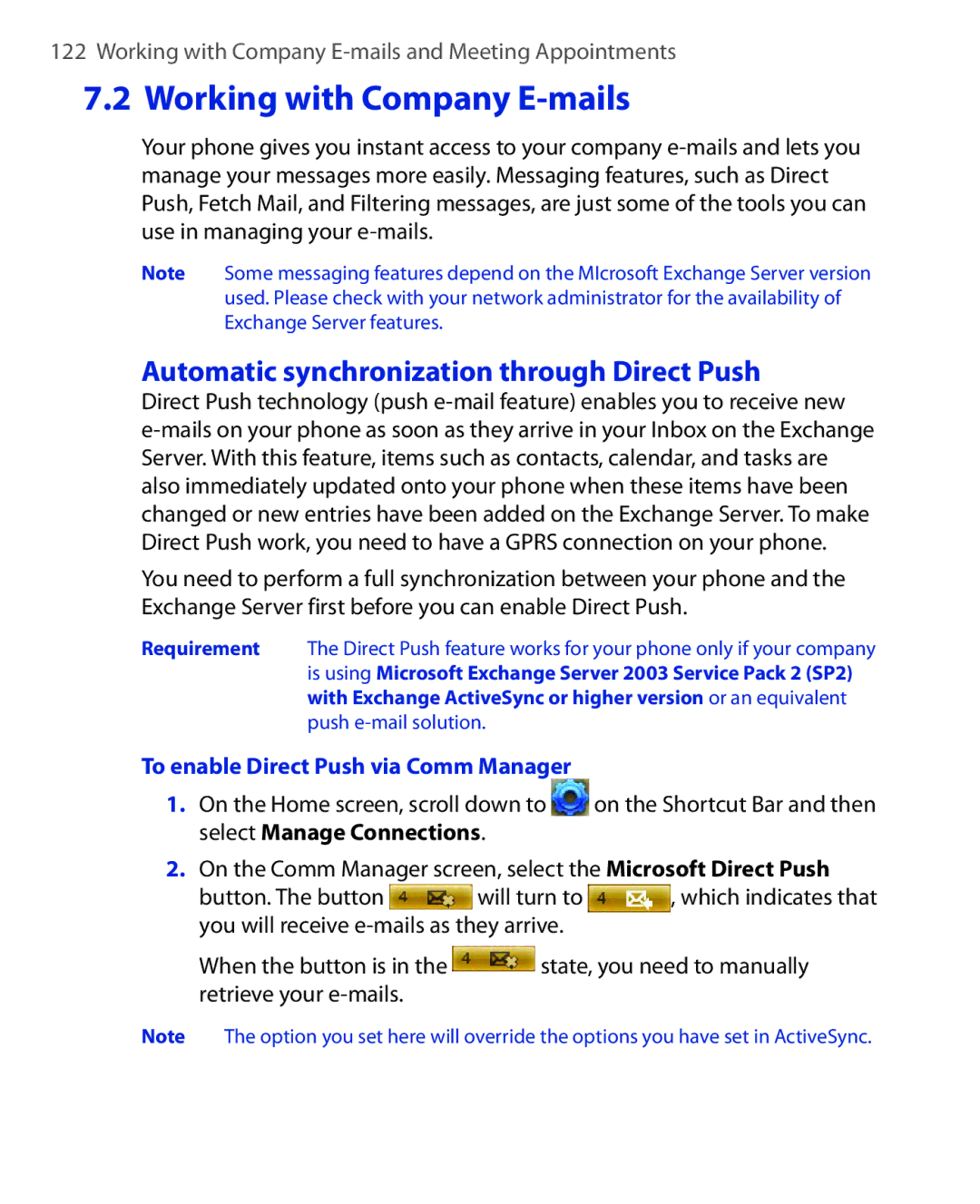 HTC PHOE100 user manual Working with Company E-mails, Automatic synchronization through Direct Push 