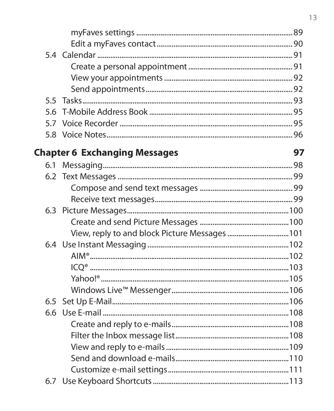 HTC PHOE100 user manual 101, 102, 103, 105, 106, 108, 109, 110, 111, 113 