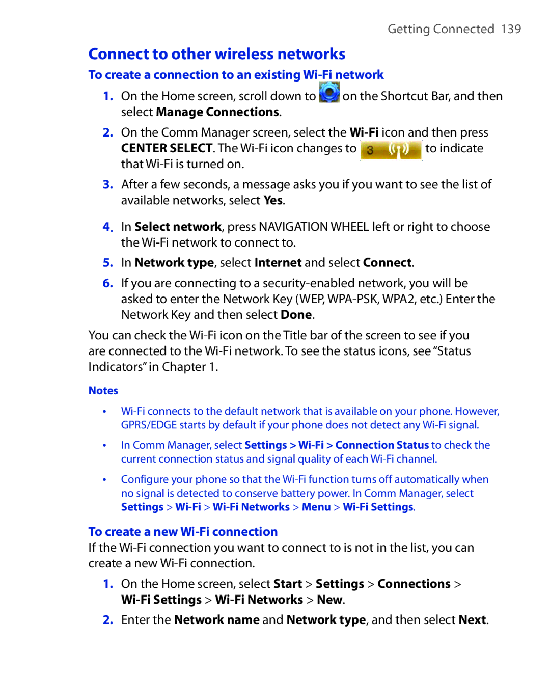 HTC PHOE100 user manual Connect to other wireless networks, To create a connection to an existing Wi-Fi network 