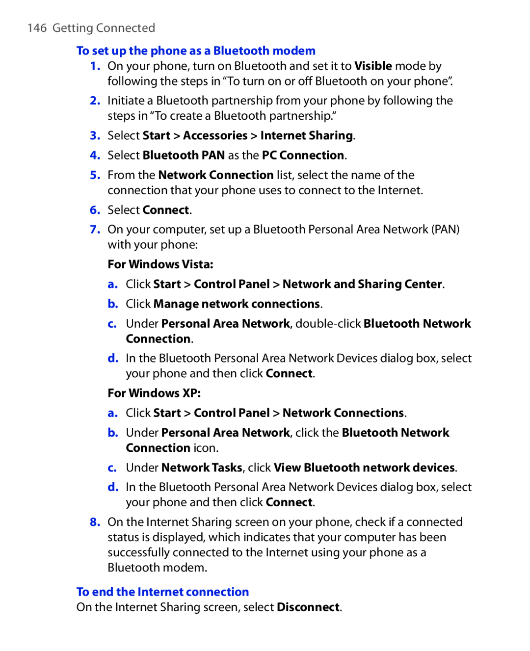 HTC PHOE100 user manual To set up the phone as a Bluetooth modem, To end the Internet connection 