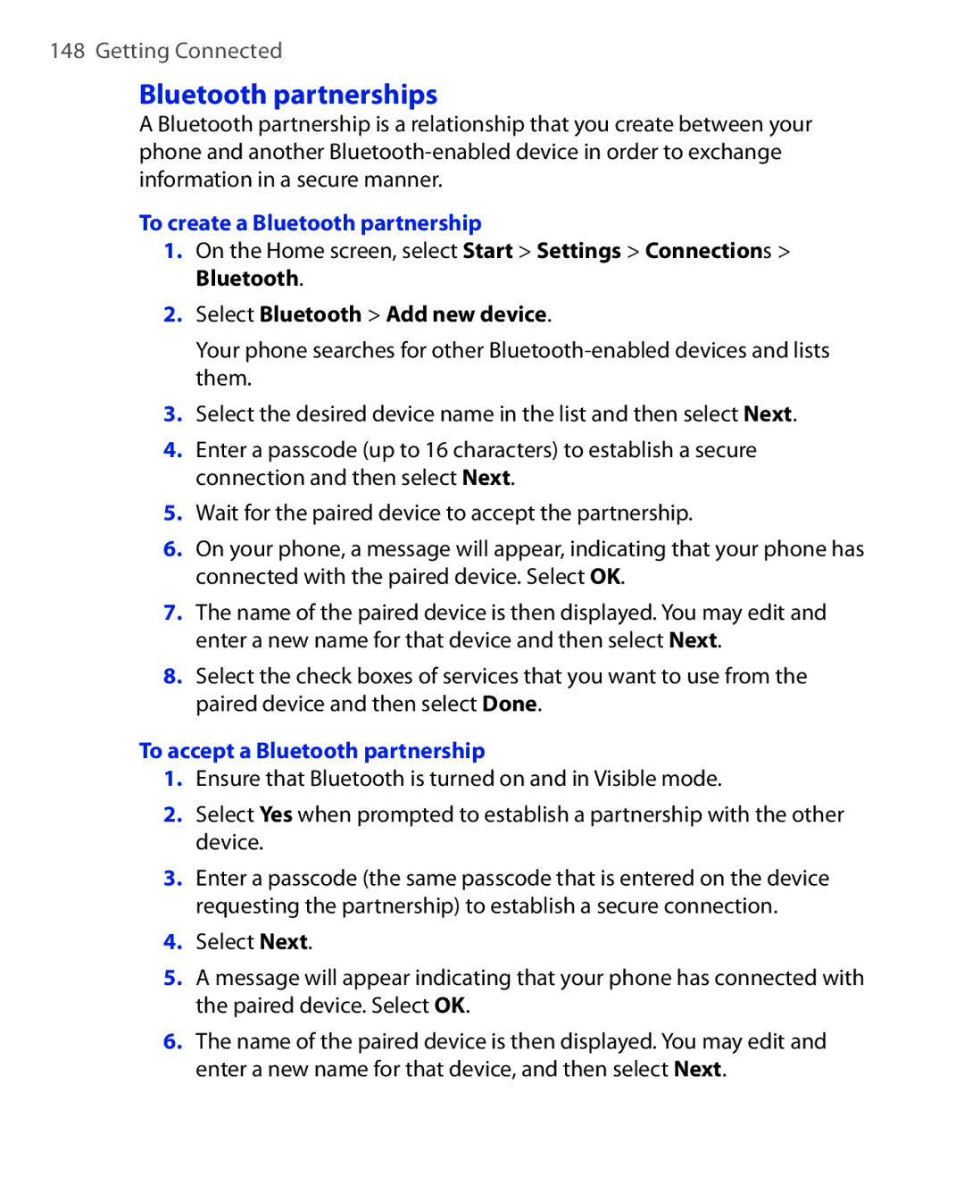 HTC PHOE100 user manual Bluetooth partnerships, To create a Bluetooth partnership, Select Bluetooth Add new device 