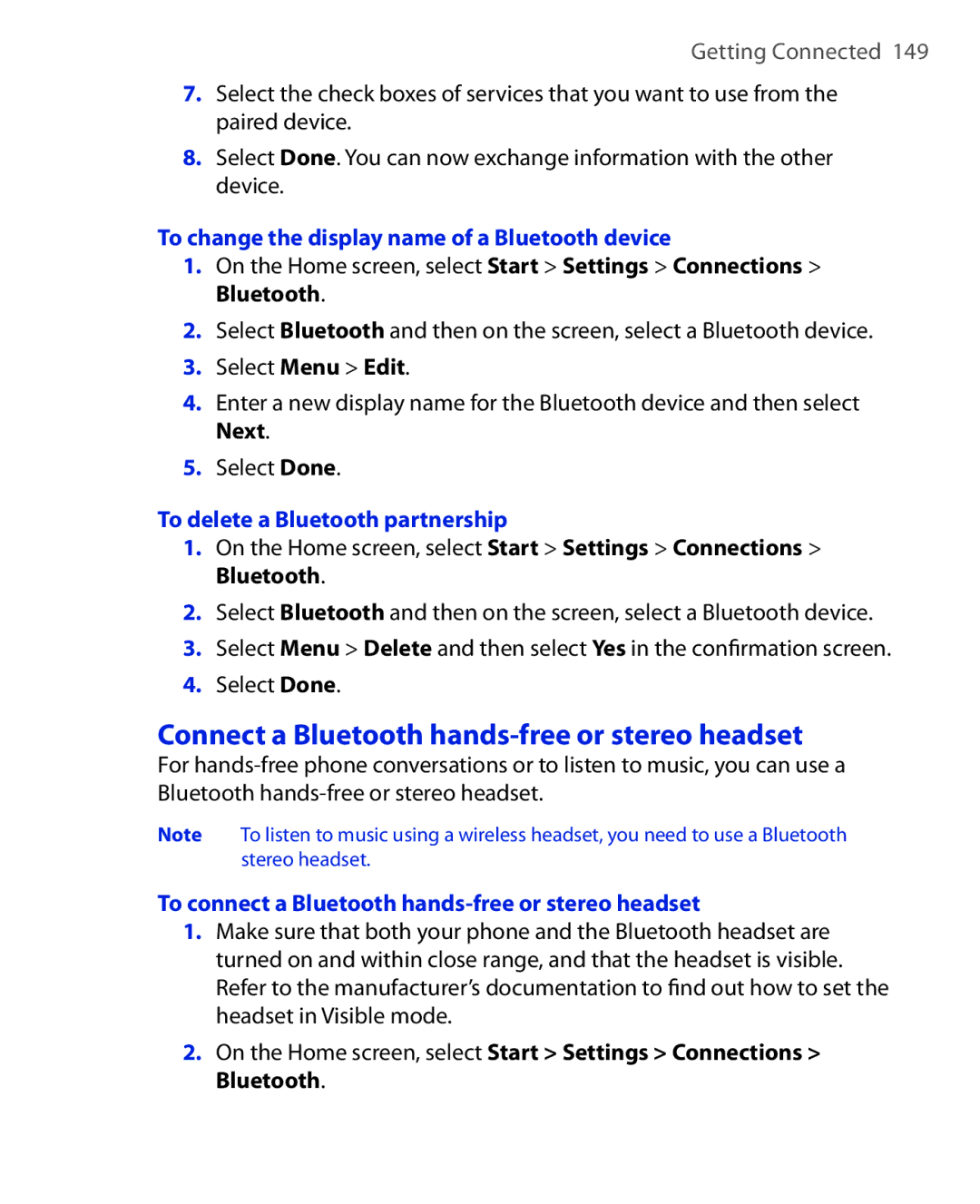 HTC PHOE100 user manual Connect a Bluetooth hands-free or stereo headset, To change the display name of a Bluetooth device 