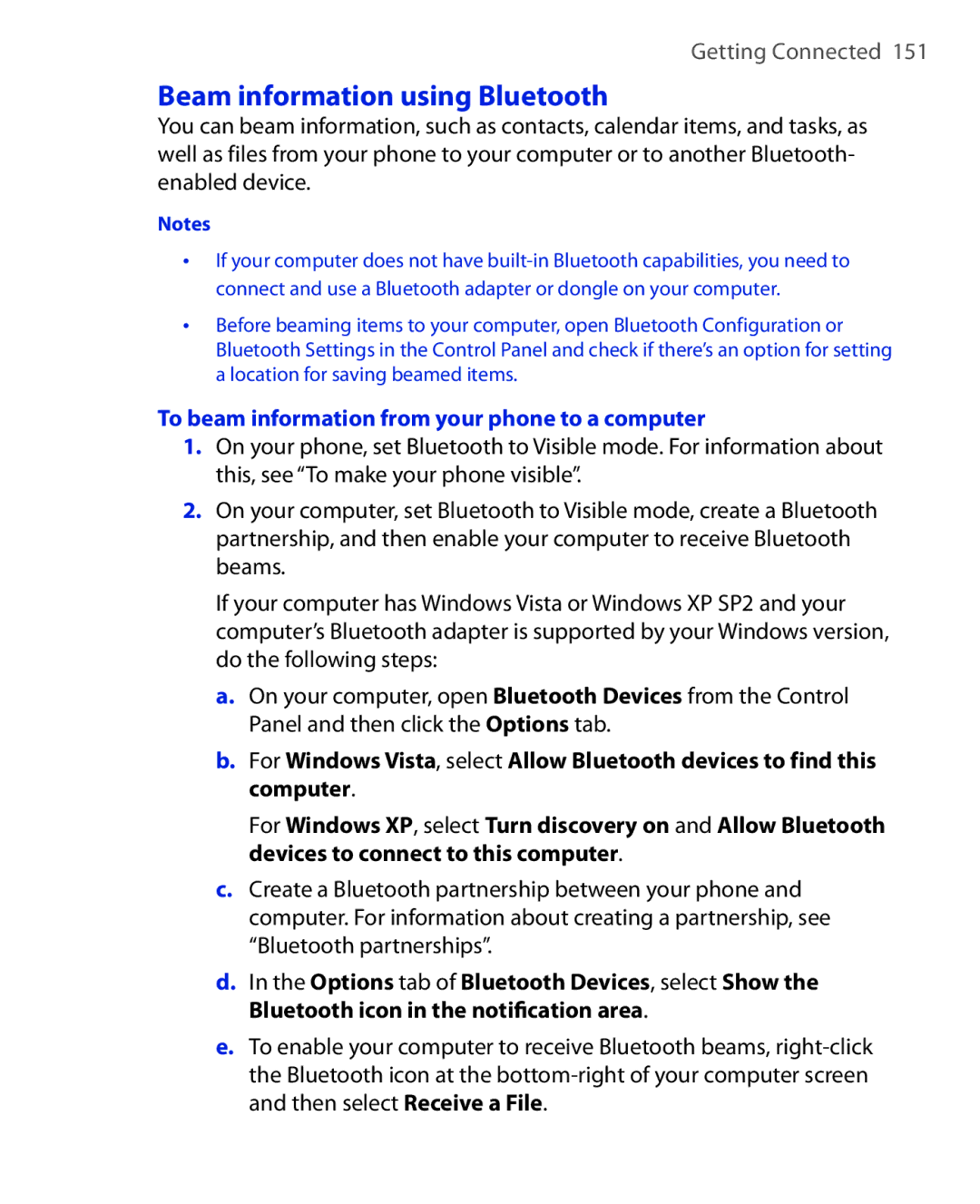 HTC PHOE100 user manual Beam information using Bluetooth, To beam information from your phone to a computer 