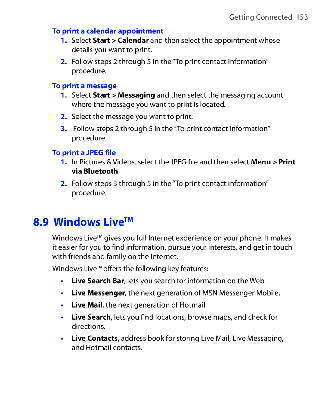 HTC PHOE100 user manual To print a calendar appointment, To print a message, To print a Jpeg ﬁle 