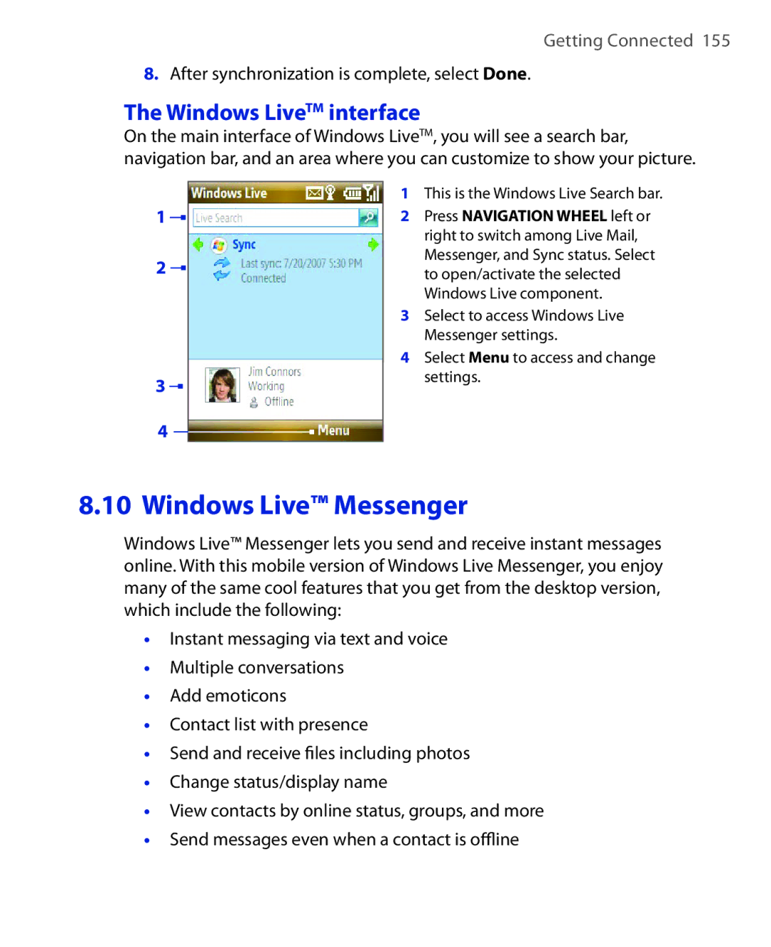 HTC PHOE100 user manual Windows LiveTM interface, After synchronization is complete, select Done 