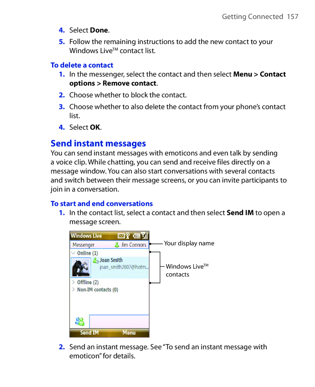 HTC PHOE100 user manual Send instant messages, To delete a contact, To start and end conversations 