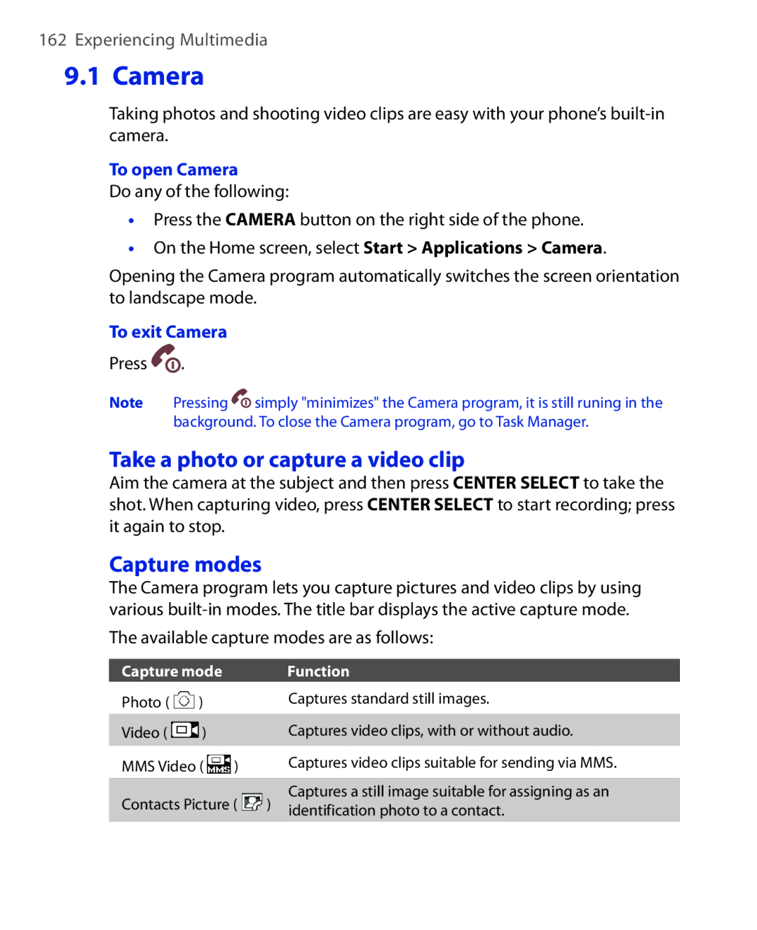 HTC PHOE100 user manual Take a photo or capture a video clip, Capture modes, To open Camera, To exit Camera 