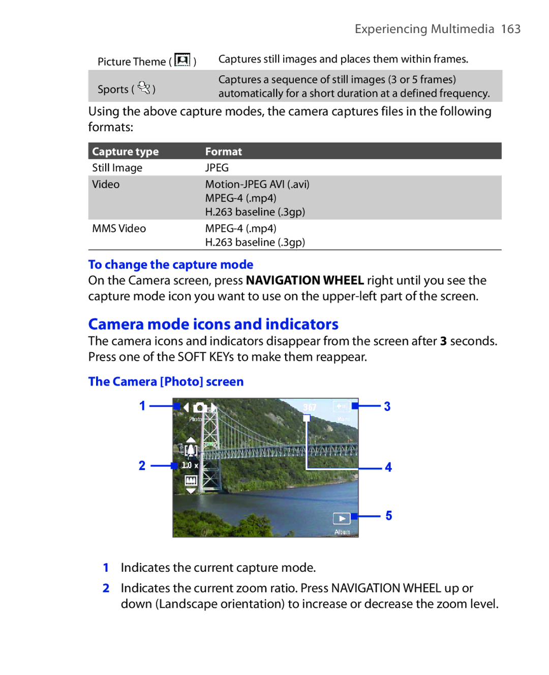 HTC PHOE100 user manual Camera mode icons and indicators, To change the capture mode, Camera Photo screen 