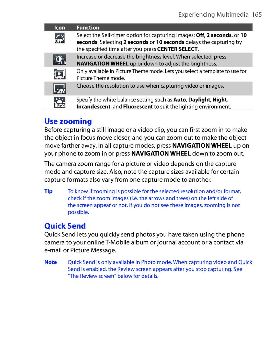 HTC PHOE100 user manual Use zooming, Quick Send 