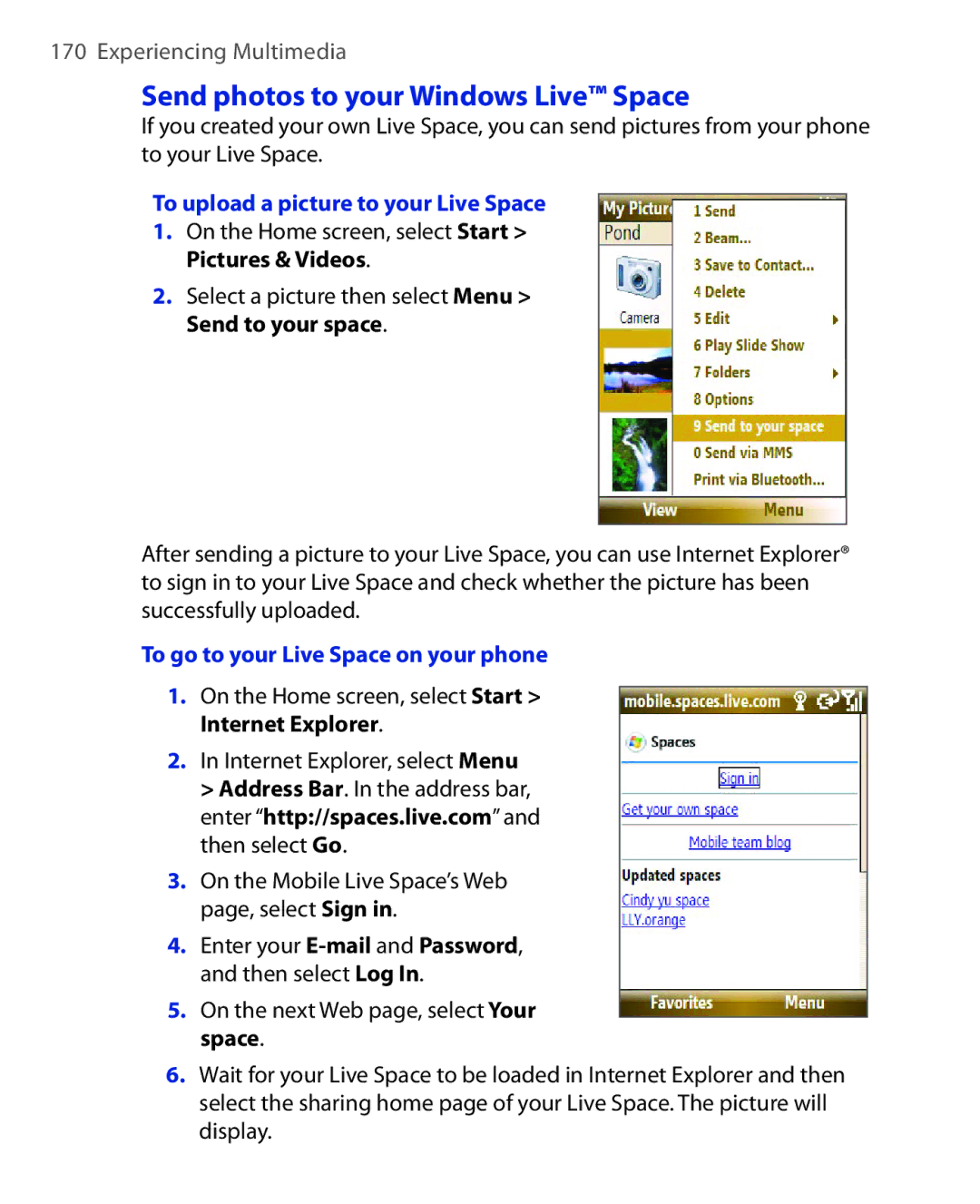 HTC PHOE100 user manual Send photos to your Windows Live Space, To upload a picture to your Live Space 