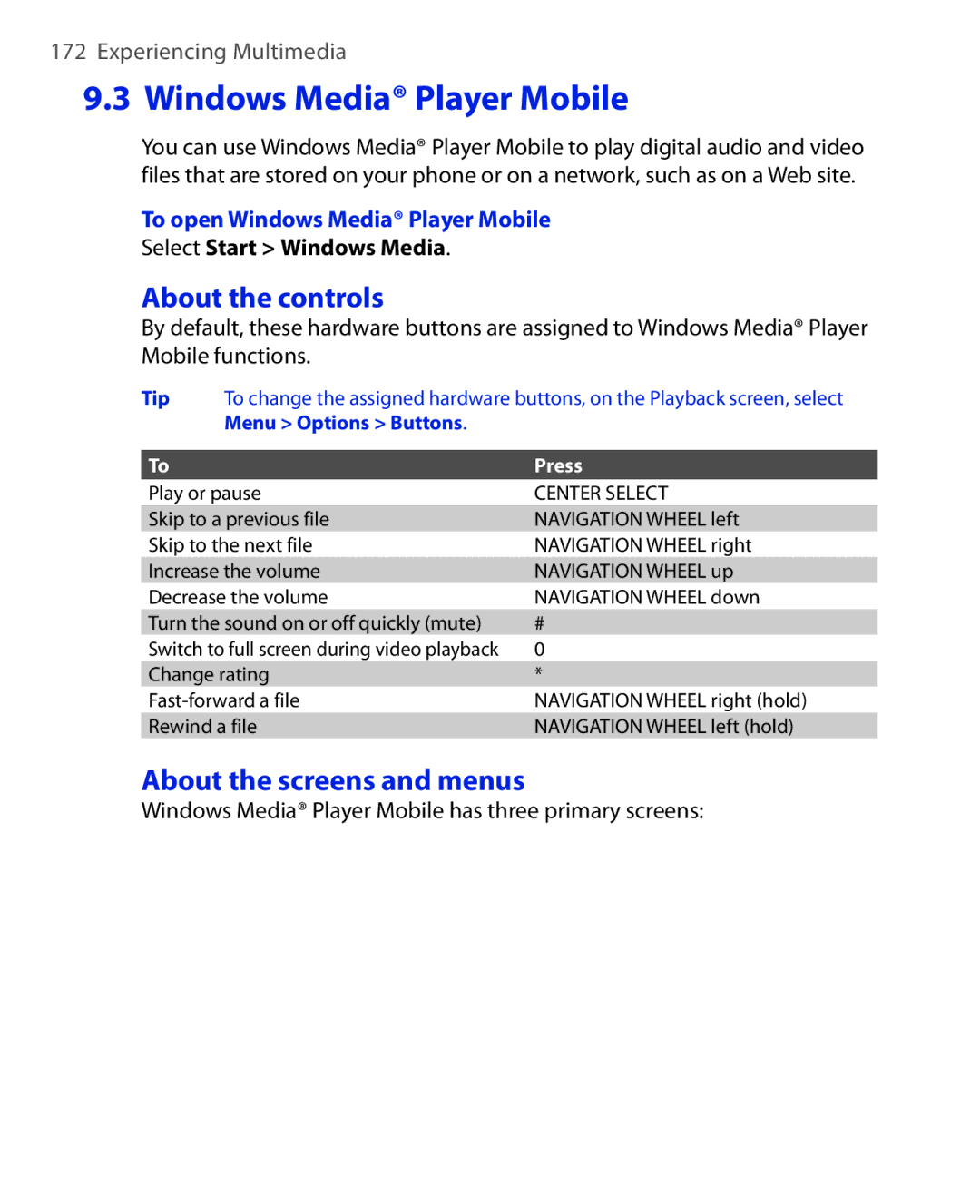 HTC PHOE100 user manual About the controls, About the screens and menus, To open Windows Media Player Mobile 