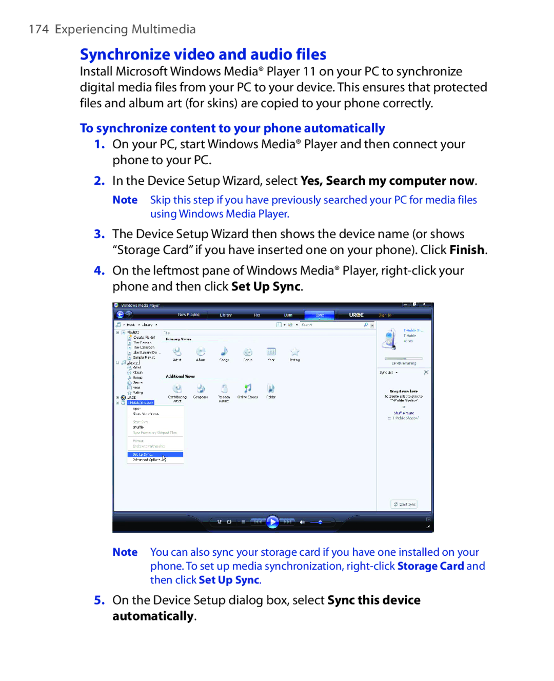 HTC PHOE100 user manual Synchronize video and audio files, To synchronize content to your phone automatically 