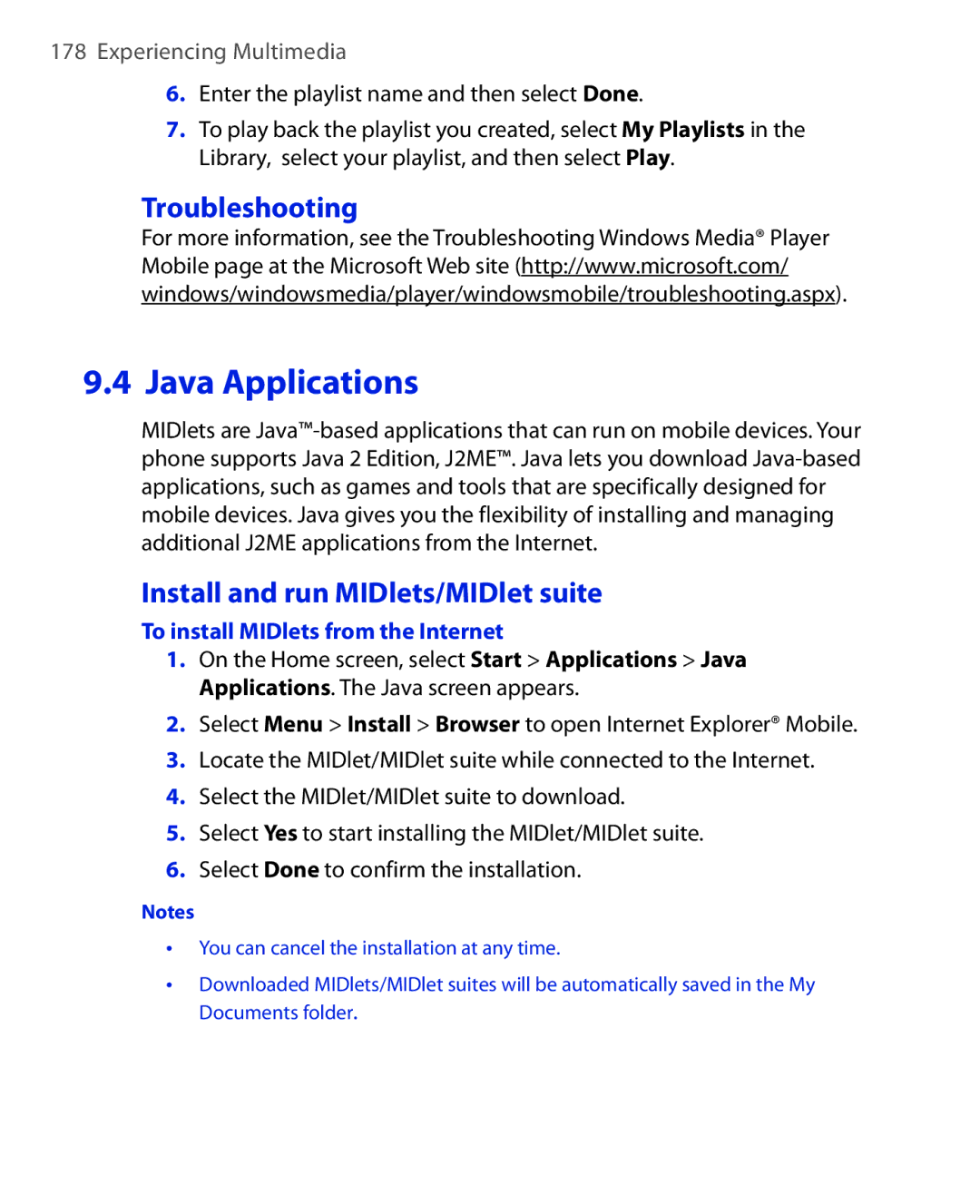 HTC PHOE100 user manual Troubleshooting, Install and run MIDlets/MIDlet suite, To install MIDlets from the Internet 