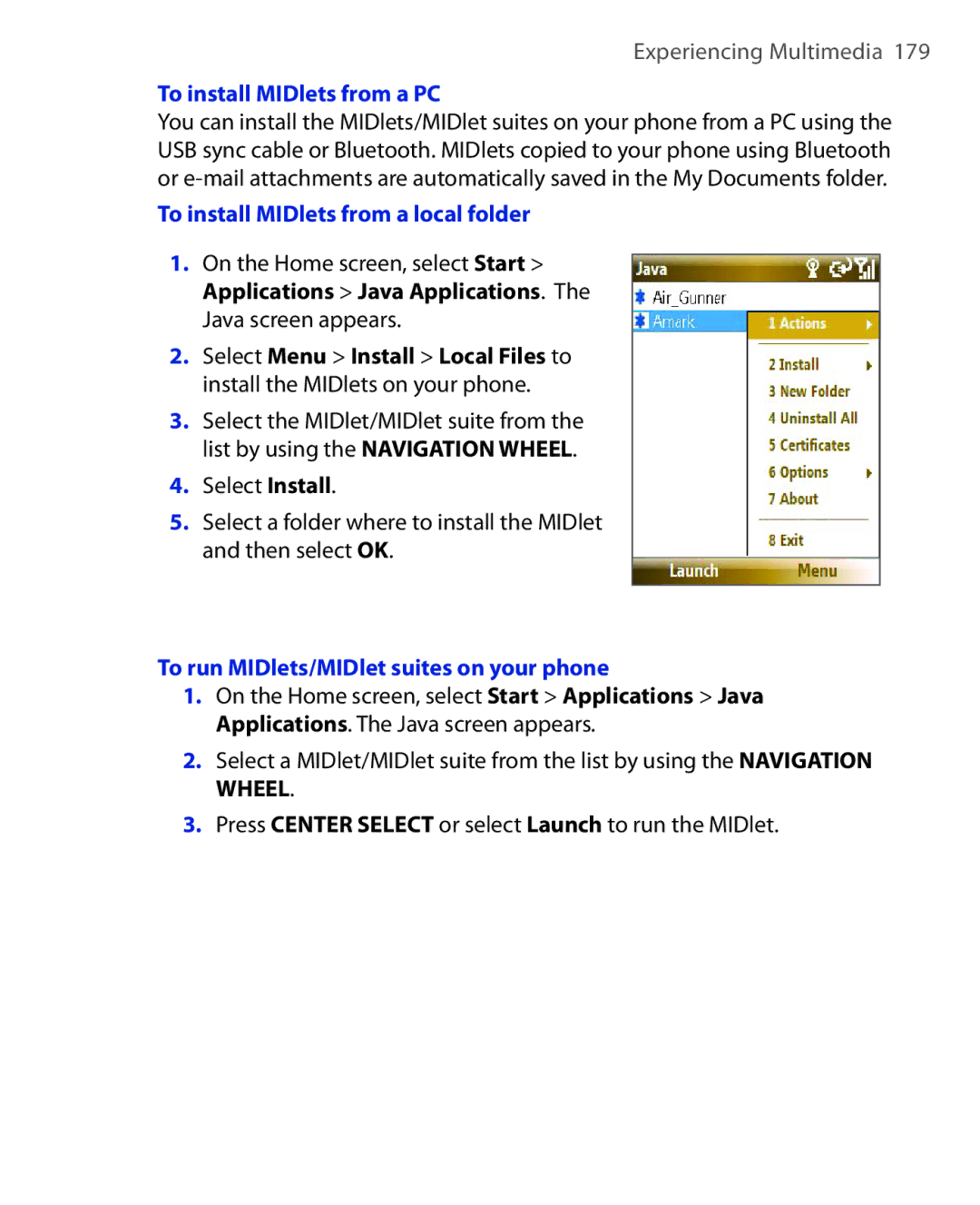 HTC PHOE100 user manual To install MIDlets from a PC, To install MIDlets from a local folder 