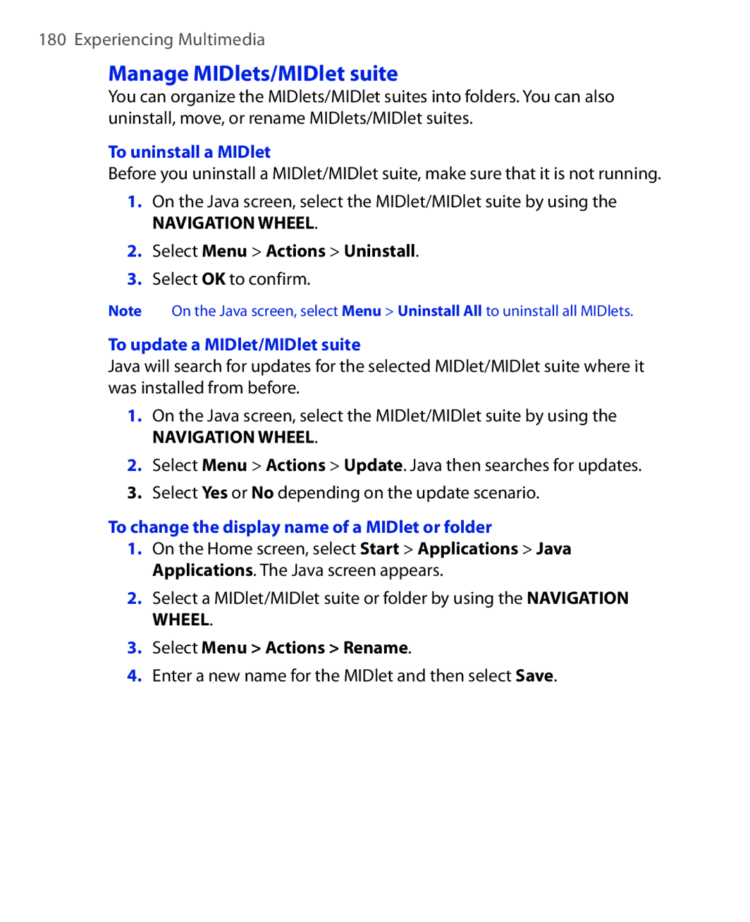 HTC PHOE100 user manual Manage MIDlets/MIDlet suite, To uninstall a MIDlet, To update a MIDlet/MIDlet suite 