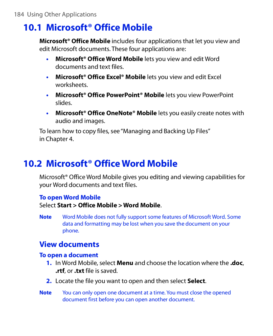 HTC PHOE100 Microsoft Office Mobile, View documents, To open Word Mobile, Select Start Office Mobile Word Mobile 