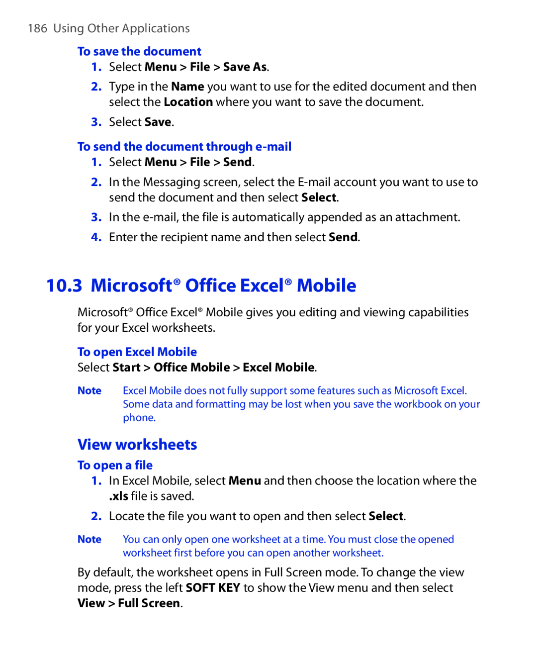 HTC PHOE100 user manual View worksheets, To save the document, To send the document through e-mail, To open Excel Mobile 