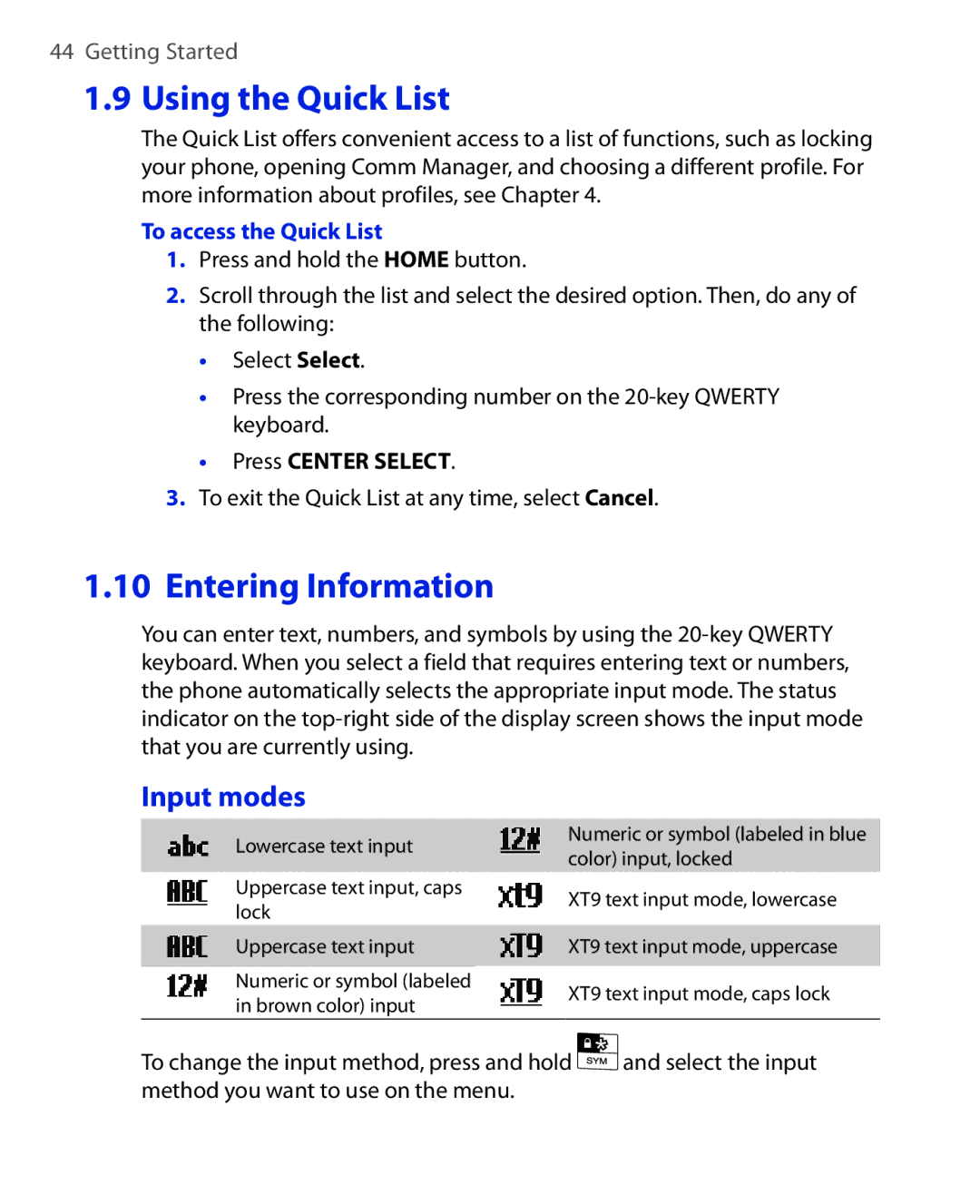 HTC PHOE100 Input modes, To access the Quick List, Press Center Select, To exit the Quick List at any time, select Cancel 