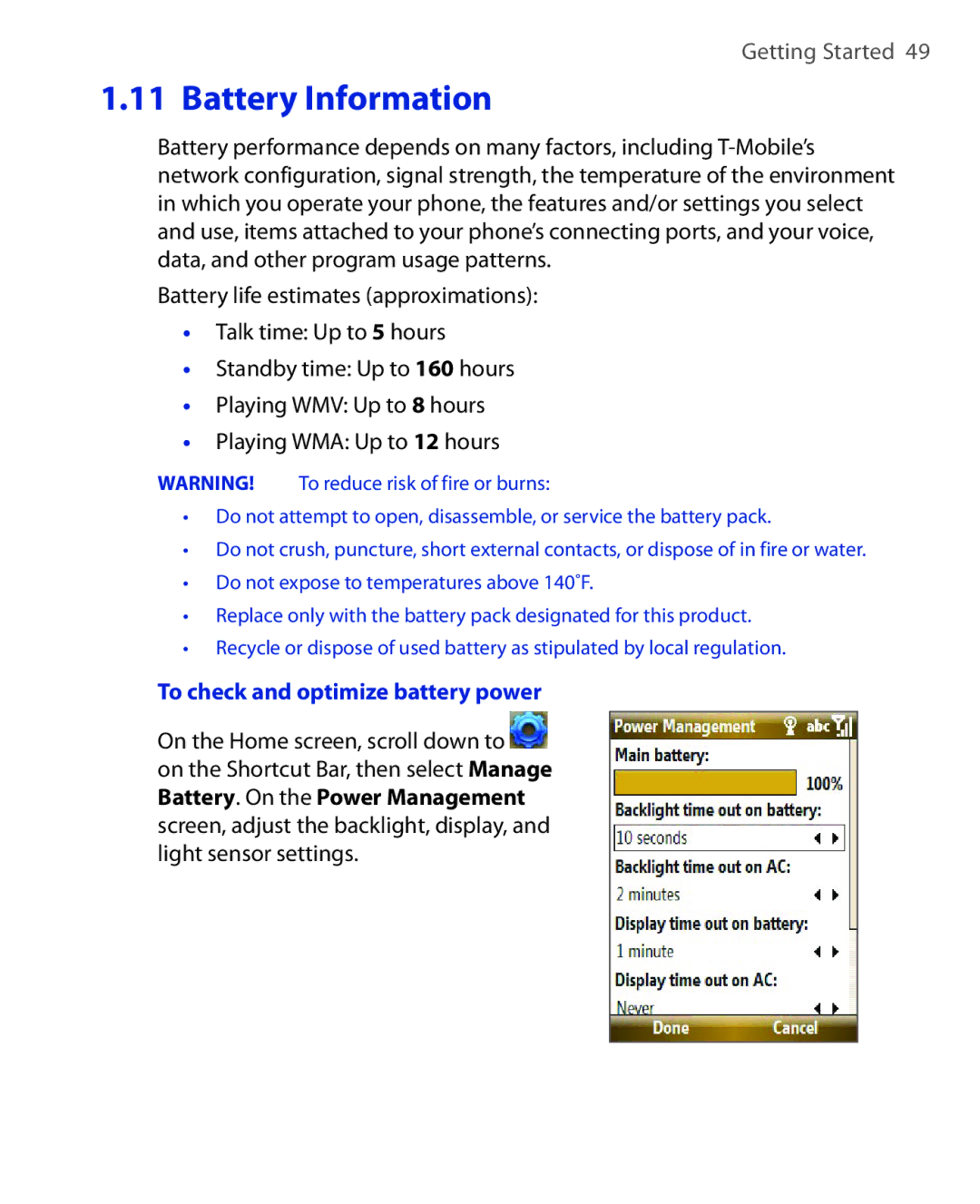 HTC PHOE100 user manual Battery Information, To check and optimize battery power 