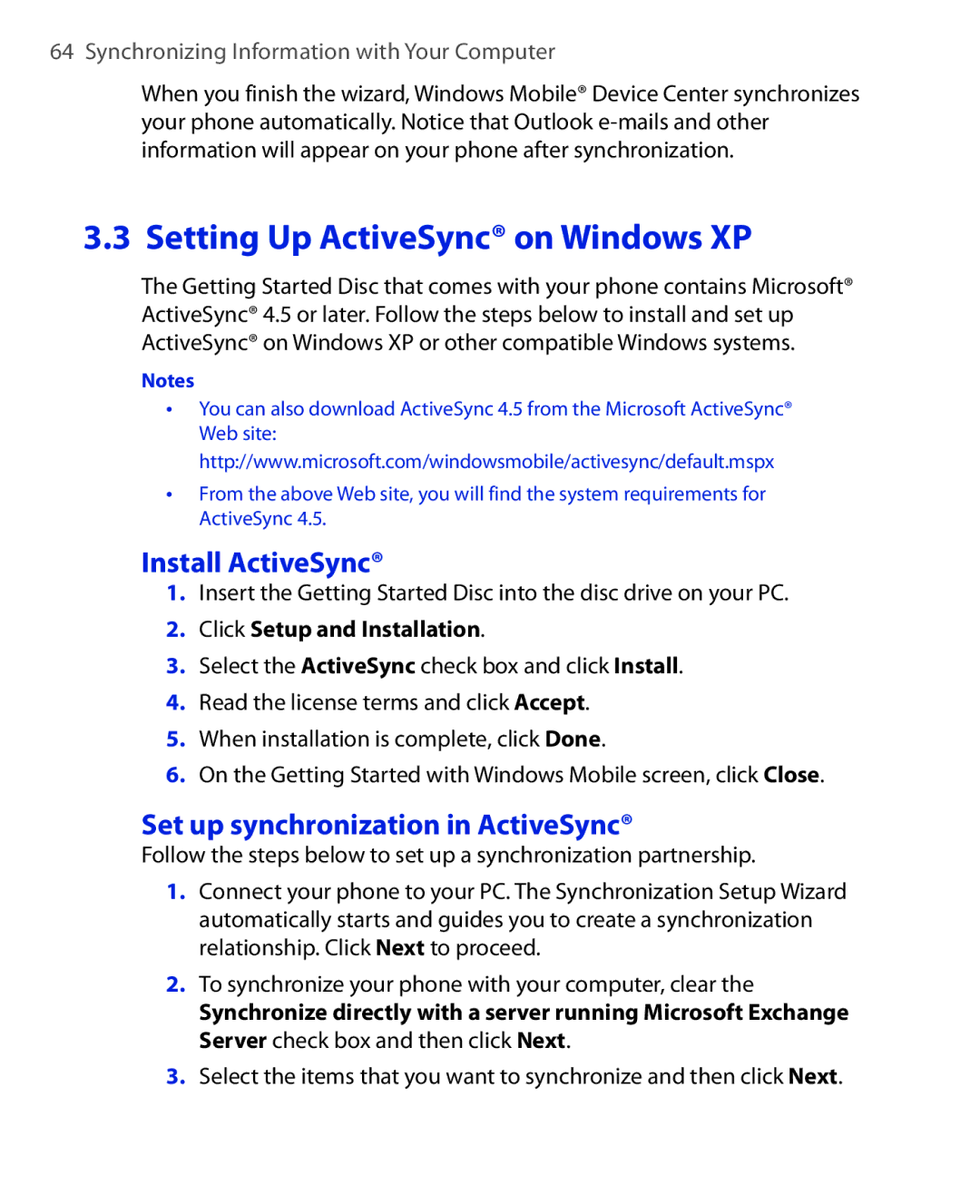 HTC PHOE100 user manual Setting Up ActiveSync on Windows XP, Install ActiveSync, Set up synchronization in ActiveSync 