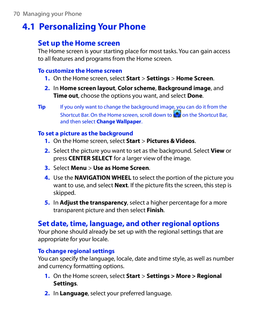 HTC PHOE100 Personalizing Your Phone, Set up the Home screen, Set date, time, language, and other regional options 