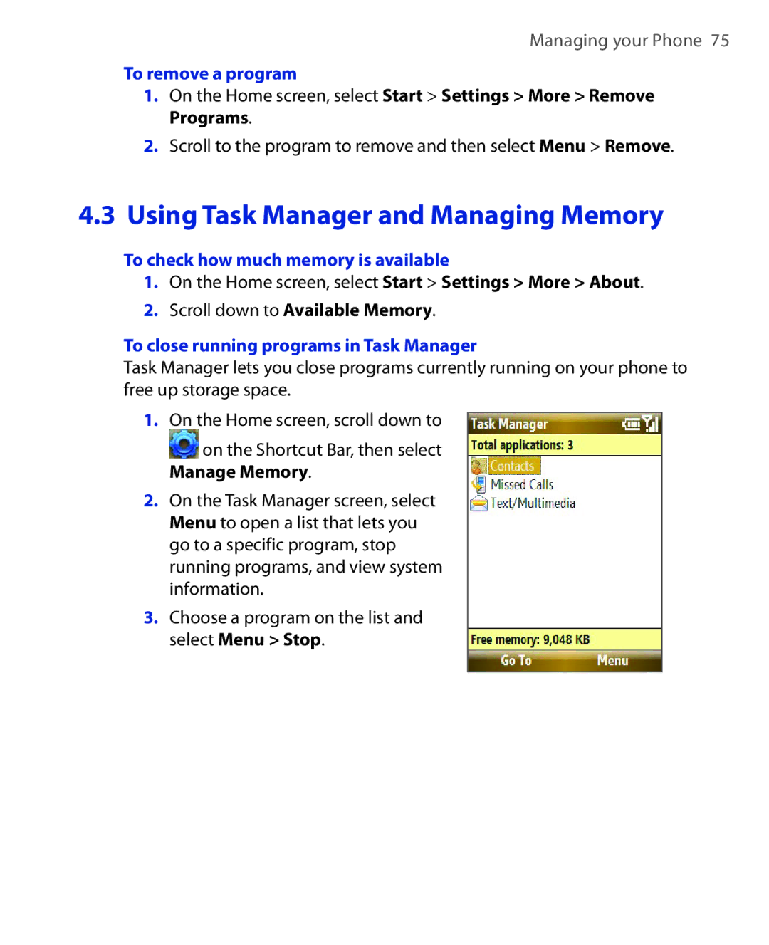 HTC PHOE100 To remove a program, To check how much memory is available, To close running programs in Task Manager 