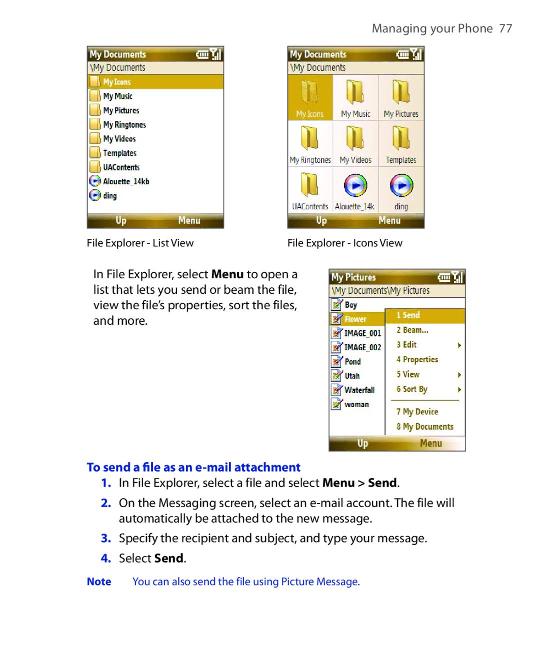 HTC PHOE100 user manual To send a ﬁle as an e-mail attachment 