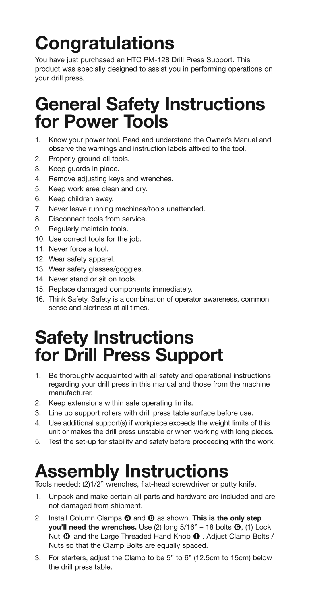 HTC PM-128 manual Congratulations, Assembly Instructions 