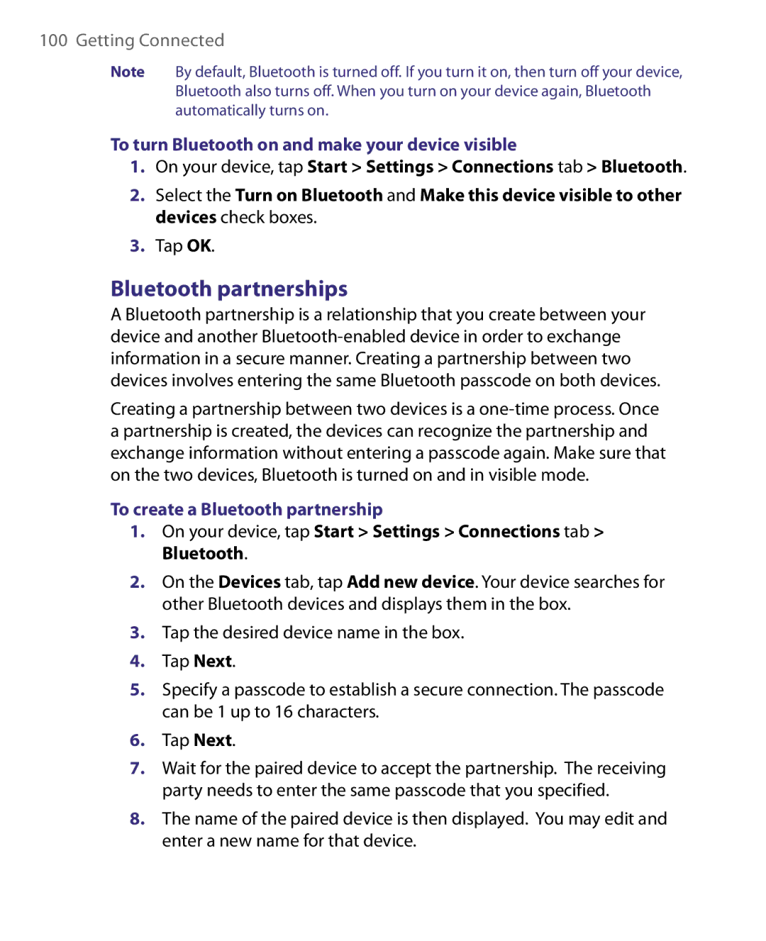 HTC Pocket PC Phone user manual Bluetooth partnerships, To turn Bluetooth on and make your device visible 