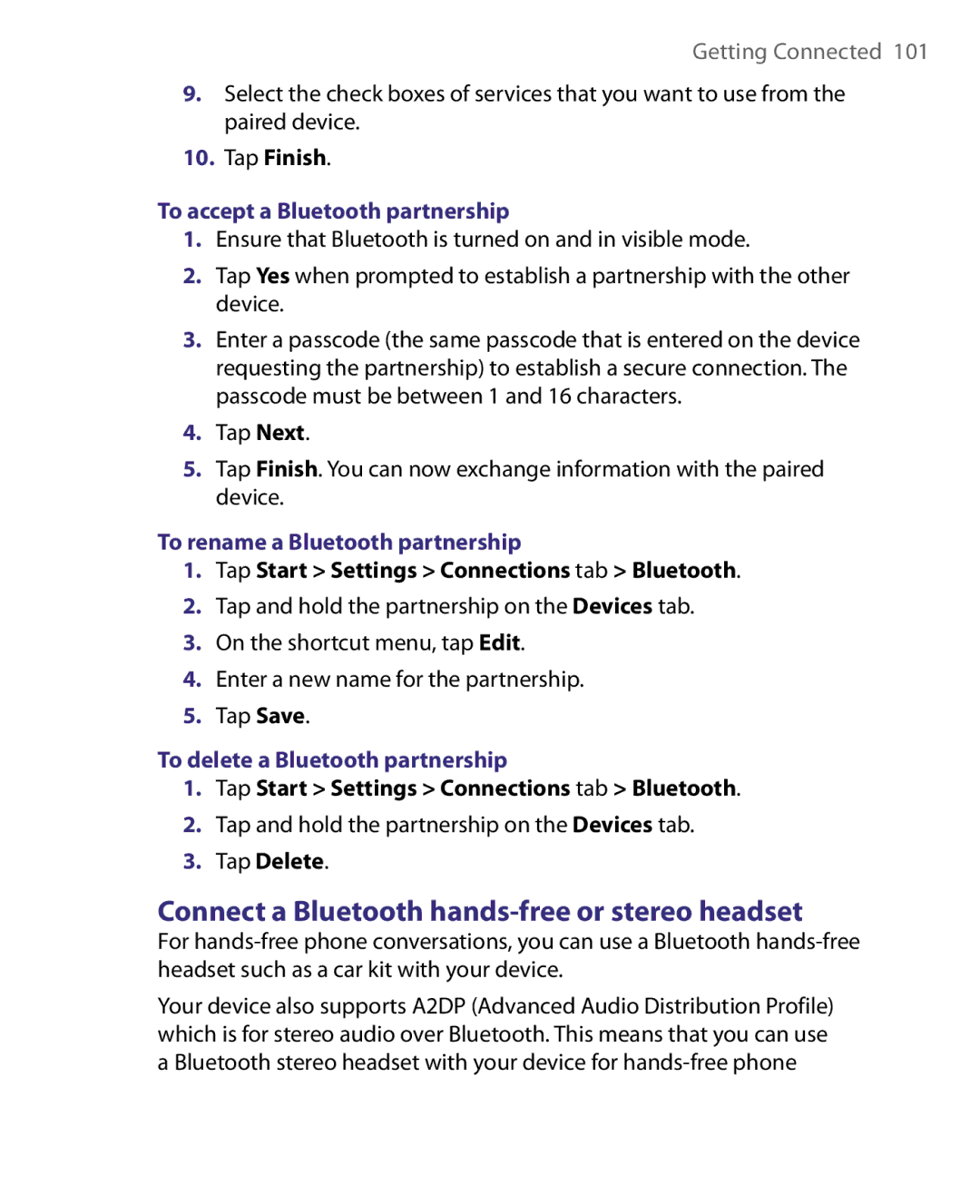 HTC Pocket PC Phone user manual Connect a Bluetooth hands-free or stereo headset, To accept a Bluetooth partnership 