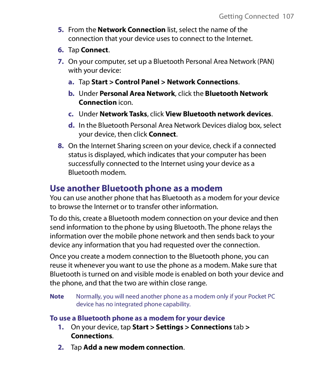 HTC Pocket PC Phone user manual Use another Bluetooth phone as a modem, Tap Connect, Tap Add a new modem connection 