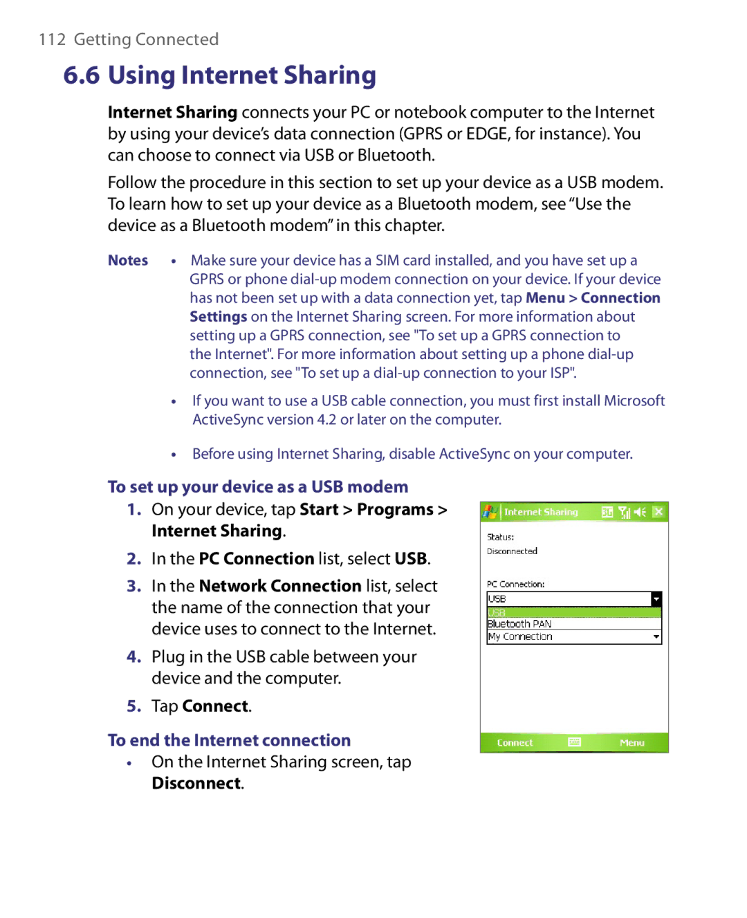 HTC Pocket PC Phone user manual To set up your device as a USB modem, To end the Internet connection 