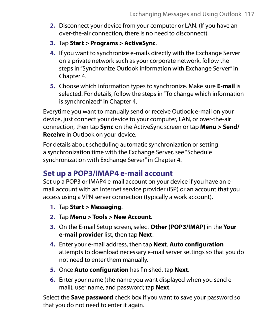 HTC Pocket PC Phone user manual Set up a POP3/IMAP4 e-mail account, Tap Start Programs ActiveSync 