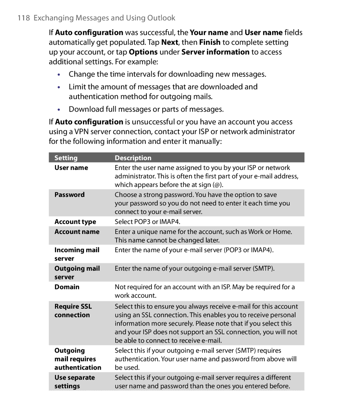 HTC Pocket PC Phone user manual Setting Description 