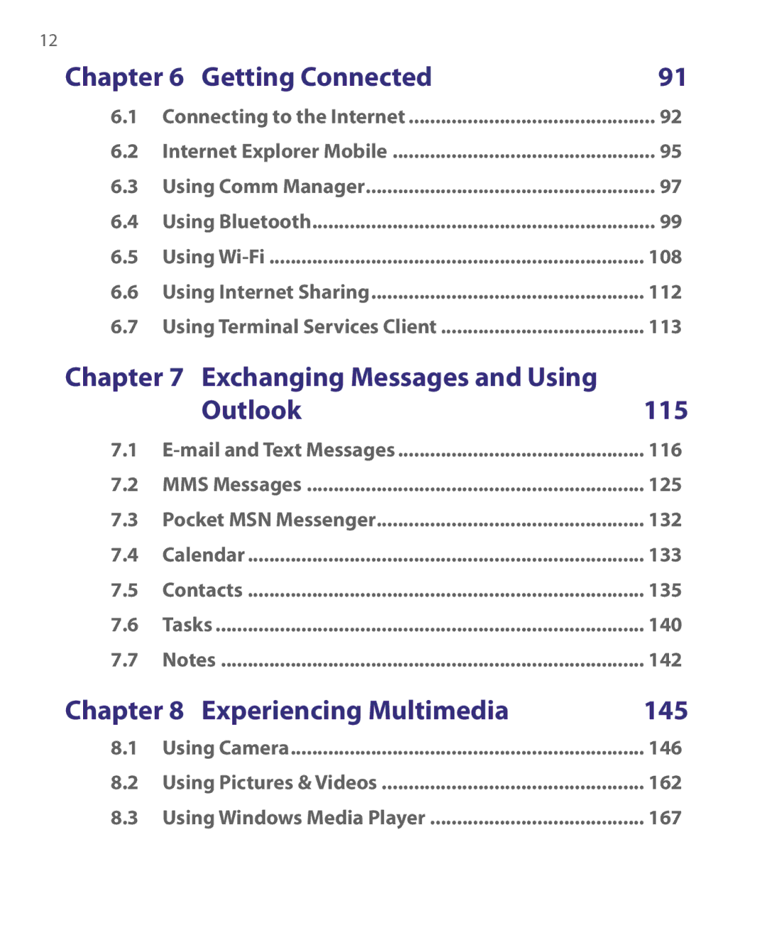 HTC Pocket PC Phone user manual Getting Connected, Exchanging Messages and Using Outlook 115, Experiencing Multimedia 145 