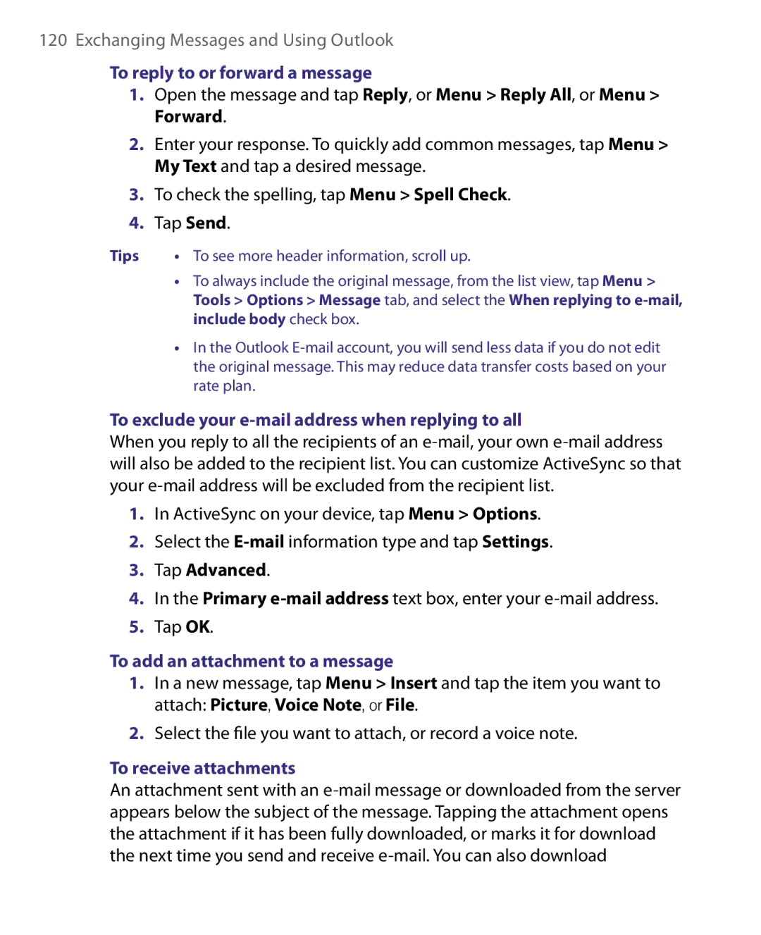 HTC Pocket PC Phone To reply to or forward a message, To exclude your e-mail address when replying to all, Tap Advanced 