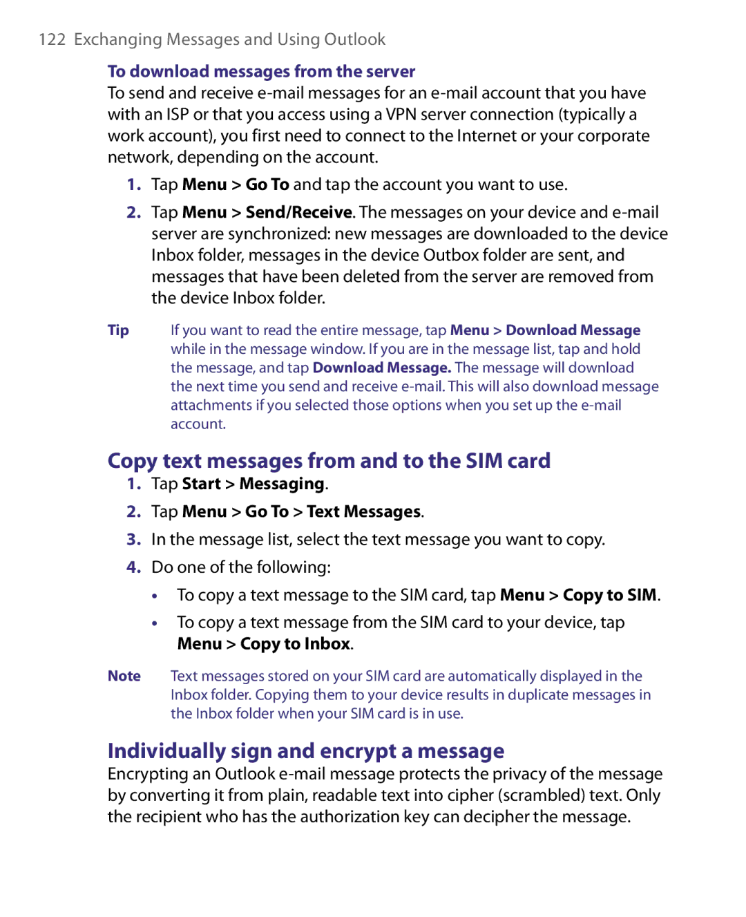 HTC Pocket PC Phone user manual Copy text messages from and to the SIM card, Individually sign and encrypt a message 